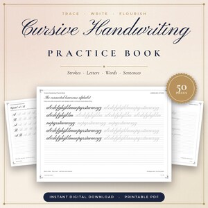 May include: A Cursive Handwriting Practice Book with 50 pages, featuring instructional text for tracing, writing, and flourishing. The cover displays the title and a sample page showing connected lowercase alphabet letters for penmanship practice.