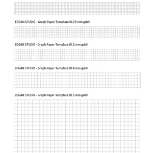 May include: A collection of six graph paper templates by EDGAN STUDIO, featuring varying grid sizes labeled as 0.15 mm, 0.2 mm, 0.25 mm, 0.3 mm, 0.4 mm, and 0.5 mm. Each template displays a black grid pattern on a white background for technical drawing.
