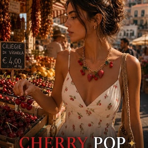 May include: A gold-toned chain necklace featuring dangling red cherry and strawberry charms. The necklace is worn with a white sleeveless dress patterned with small red cherries. The text CHERRY POP HANDMADE NECKLACE is visible at the bottom.