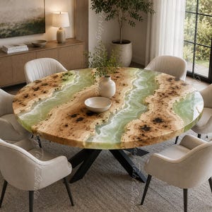 Op de afbeelding: Een ronde eettafel met een rand van natuurlijk wortelhout en een centraal inlegwerk van doorschijnende lichtgroene hars. De tafel rust op een zwart metalen onderstel en is omringd door zes gestoffeerde stoelen met lichtbeige bekleding.