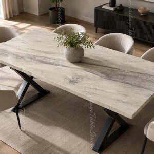 Calacatta Marble Dining Table | Rectangular Stone Table, X-Base Pedestal