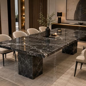 May include: A rectangular dining table featuring a polished black marble surface with prominent white veining, supported by two matching marble pedestal bases, accompanied by six upholstered chairs with curved backrests and dark metal legs.