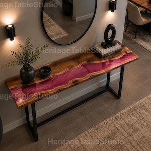 Luxury Magenta Epoxy River Console Table, Live Edge Wood, Modern Steel Base