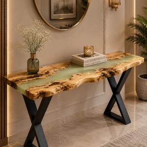 Live Edge Olive Wood Epoxy River Console Table | Handmade Sage Green Entryway Sofa Table
