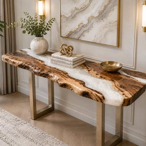 Handmade  white Olive Wood Epoxy River Console Table | Live Edge Entryway Furniture