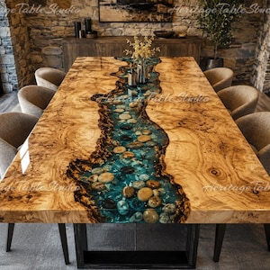 Exotic Burl Wood Epoxy River Dining Table with Natural Stones | Handmade Luxury Furniture