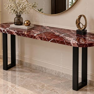 Luxury Rosso Levanto Marble Console Table | Burgundy Red Marble Top, Black Metal Base