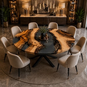 Live Edge Wood Black Epoxy River Round Dining Table | Handmade Luxury Resin Furniture