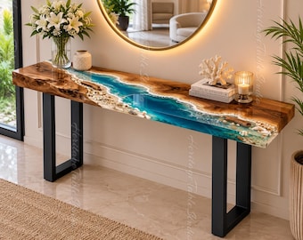 Live Edge Olive Wood Epoxy River Console Table – Turquoise Ocean Beach Design