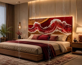 Luxury Red Epoxy River Headboard | Ocean Wave Epoxy Resin Headboard | Live Edge Walnut Wood Headboard |