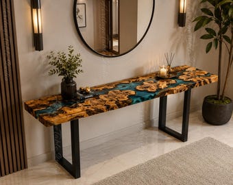 Live Edge Burl Wood Epoxy River Console Table, Turquoise Blue Resin, Rustic Modern Furniture