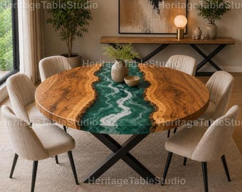 Luxury Round Epoxy River Dining Table | Burl Wood & Emerald Green Resin Table Round River Dining Table |  Custom Round Epoxy River Table |
