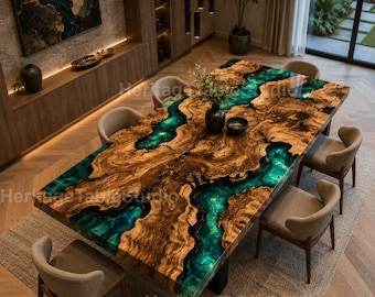 Luxury Emerald Green Epoxy River Dining Table Emerald Epoxy River Dining Table | Luxury Resin Dining Table Handmade Emerald River Table
