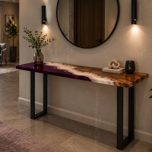Handmade Live Edge Walnut Console Table | Burgundy Epoxy Resin River, Black Metal Legs
