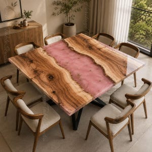 Square Live Edge Wood Dining Table, Blush Pink Epoxy River, Handmade Artistic Furniture