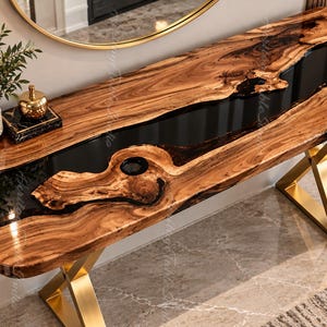 Luxury Burl Wood Black Epoxy River Console Table | Gold Base, Live Edge Entryway Furniture