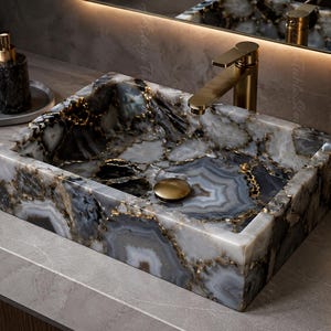 Luxury Black Agate Vessel Sink | Handmade Rectangular Bathroom Basin Black & White Agate Stone Sink | Luxury Handmade Bathroom Vessel Sink