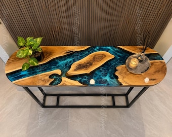 Live Edge Epoxy Console Table, Blue River Hallway Furniture, Modern Wood Entryway Decor