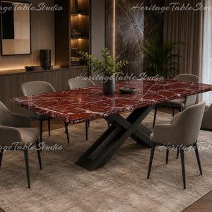 Rosso Levanto Marble Dining Table | Red Stone Rectangle, Custom X-Base Furniture