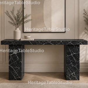 Black Marble Dining Table | Modern Rectangle Pedestal Base Console