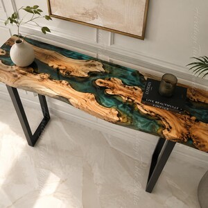 Handmade Live Edge Wood Console Table, Emerald Green Epoxy River, Black Metal Base