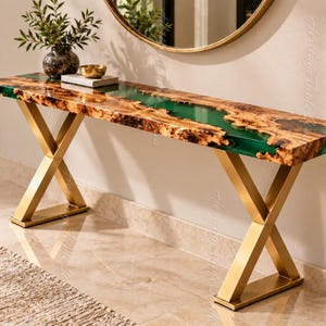 Live Edge Burl Wood Console Table, Emerald Green Epoxy Resin, Gold Metal Legs