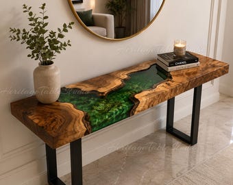 Green Epoxy River Console Table | Luxury Emerald River Console Table