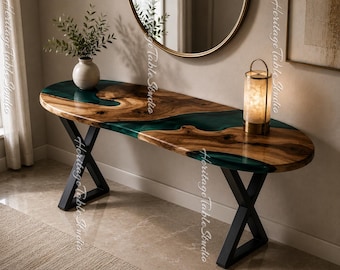 Live Edge Olive Wood Console Table | Emerald Green Epoxy River, Modern X-Leg