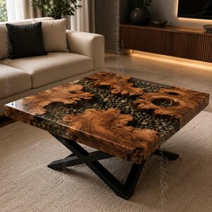 Live Edge Burl Wood Epoxy River Coffee Table, Natural Pebble Resin Stone Inlay