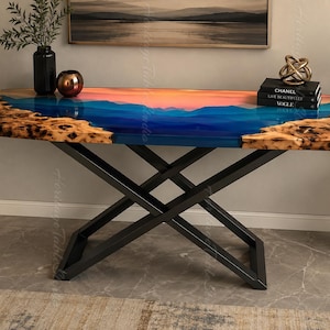 Live Edge Burl Wood Epoxy River Console Table, Ocean Blue Resin, Modern Metal Base