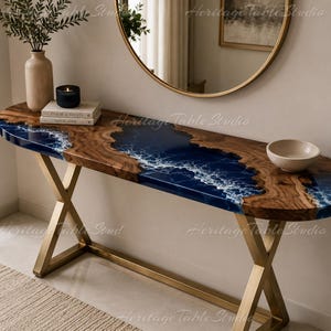 Ocean Blue Epoxy River Console Table | Live Edge Wood Entryway Table, Gold Base