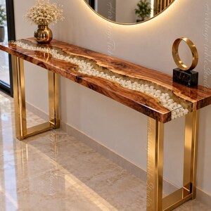 Handmade Live Edge Walnut Console Table: Epoxy Resin River, Ivory Pebbles, Gold Metal Base