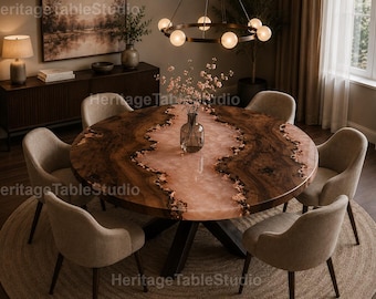 Burl Wood Epoxy River Dining Table | Rose Quartz Resin, Round Statement Furniture