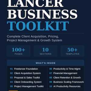 May include: A digital document titled Lancer Business Toolkit, featuring a dark blue background with white and light blue text. It outlines a system with 100+ pages, 10 sections, and 50+ templates, listing ten specific business management modules.