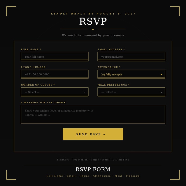Wedding Website Template HTML Luxury Black Gold Invitation Animated