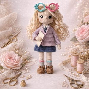 Peut inclure: Une poupée au crochet nommée Luna the Witch avec de longs cheveux blonds bouclés, portant un cardigan lavande, une jupe bleu foncé, des chaussures marron et des lunettes à monture bleu sarcelle et rose, tenant une petite enveloppe beige.