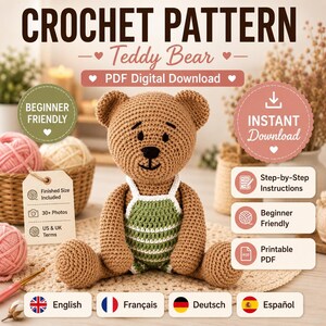 Teddy Bear Crochet Pattern PDF | Amigurumi Bear Pattern | Crochet Bear PDF | Memory Bear Pattern | Stuffed Bear Tutorial | DIY Gift | Instan