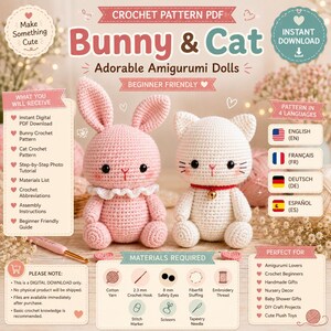 Peut inclure: Un patron de crochet PDF numérique pour des poupées amigurumi représentant un lapin rose et un chat blanc. L'image contient du texte détaillant le contenu du patron, les matériaux requis comme un crochet de 2,3 mm et des yeux de sécurité de 8 mm.