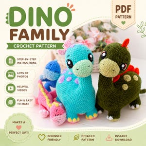 Peut inclure: Un graphique numérique pour un DINO FAMILY CROCHET PATTERN montrant trois dinosaures au crochet en bleu, turquoise et vert foncé. Le texte inclut DINO FAMILY, CROCHET PATTERN, PDF PATTERN, STEP-BY-STEP INSTRUCTIONS, LOTS OF PHOTOS, HELPFUL VIDEOS, FUN & EASY TO MAKE, MAKES A PERFECT GIFT!, BEGINNER FRIENDLY, DETAILED PATTERN et INSTANT DOWNLOAD.