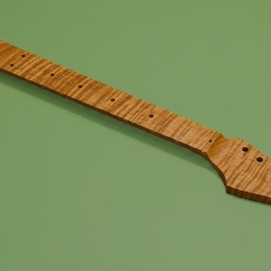 Peut inclure: Un manche de guitare en bois brun clair avec un motif de grain rayé distinctif. Le manche présente une longue touche avec des trous pré-percés pour les frettes et une tête avec six trous pré-percés pour les chevilles d'accordage.
