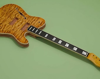 May include: An unfinished electric guitar body and neck featuring a light brown quilted maple top with a single f-hole. The dark fretboard includes rectangular mother-of-pearl inlays, and the headstock is unpainted light brown wood.