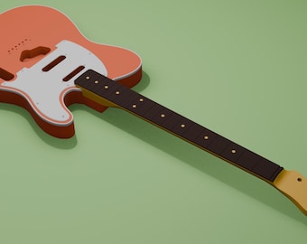 May include: An electric guitar body and neck assembly featuring a coral-colored finish, a white pickguard, and a dark brown fretboard with circular position markers. The headstock is unfinished wood with six holes for tuning pegs.