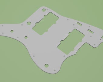 May include: A light gray electric guitar pickguard featuring an asymmetrical, contoured shape with two large rectangular cutouts for pickups, multiple small circular screw holes, and additional slots for electronic control components.