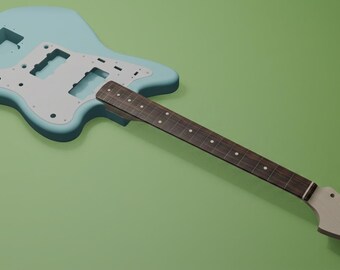 May include: A light blue electric guitar body with a white pickguard and a dark brown fretboard attached to a light-colored headstock. The guitar body features two rectangular pickup cavities and a bridge cavity, with a long neck extending outward.