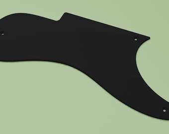May include: A solid black, asymmetrical guitar pickguard featuring a smooth, matte finish. The component has a curved, elongated shape with three small, evenly spaced circular mounting holes positioned along its perimeter for attachment.