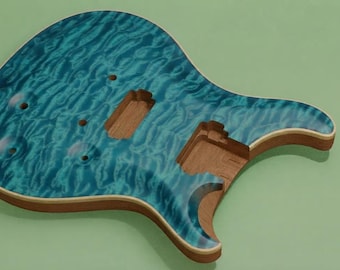 May include: An unfinished electric guitar body featuring a vibrant blue quilted maple top with a wavy, rippled wood grain pattern. The body has natural wood sides and routed cavities for pickups and bridge hardware, showcasing the raw wood interior.