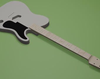 May include: An unfinished electric guitar body and neck assembly featuring a light gray solid body, a black pickguard, and a light-colored wooden fretboard. The headstock includes six pre-drilled holes for tuning pegs, and the body has cutouts.