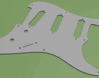 May include: A solid light gray electric guitar pickguard featuring an SSS pickup configuration with three elongated cutouts, a switch slot, three circular control knob holes, and multiple small countersunk screw holes along the perimeter.