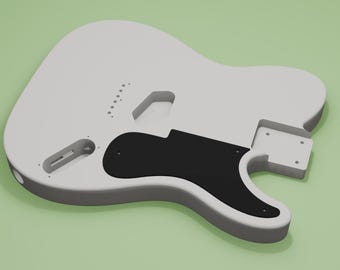 May include: A solid white electric guitar body featuring a single-cutaway design, a black pickguard, and pre-routed cavities for the bridge, pickups, and control electronics. The body includes six string-through holes and a neck pocket.