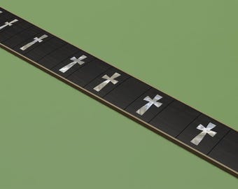 May include: A black guitar fretboard featuring inlaid mother-of-pearl cross markers positioned at each fret. The long, narrow neck displays a repeating pattern of these iridescent cross-shaped inlays set into the dark wood surface.
